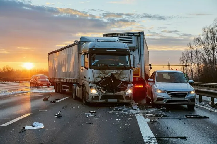 A truck and a car have collided on a highway, causing visible damage and debris. As another car approaches the scene at sunset, those affected may consider contacting an Abogado Argentino de Accidentes en Miami for assistance.