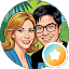 Illustration of Carrel Taylor, a smiling woman with blonde hair, posing with a man with dark hair and glasses in front of lush green leaves.