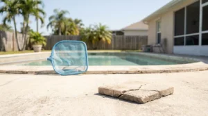 Cracked pool deck paver beside skimmer net showing residential property damage hazard