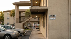 No Trespassing sign posted on exterior wall of multi-story apartment complex