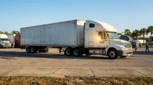 USDOT-labeled semi-truck with large trailer parked at commercial truck stop