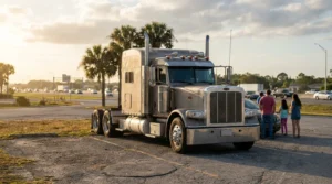 large semi-truck parked near highway with group of people standing alongside vehicle
