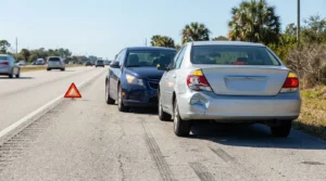 Two damaged sedans with dented bumpers parked roadside near warning triangle after collision