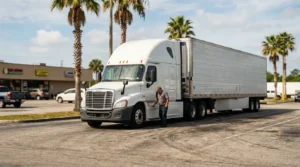 truck driver inspecting semi-truck cab in commercial parking lot near storefronts