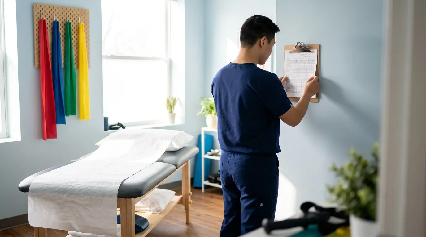 medical professional in scrubs reviewing clipboard chart in physical therapy room
