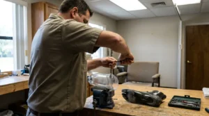 Technician adjusting prosthetic limb socket clamped in workbench vise with tools