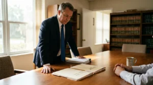 suited attorney leaning over conference table reviewing open case files in law library office