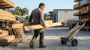 worker wearing knee brace carries lumber boards toward hand truck in yard