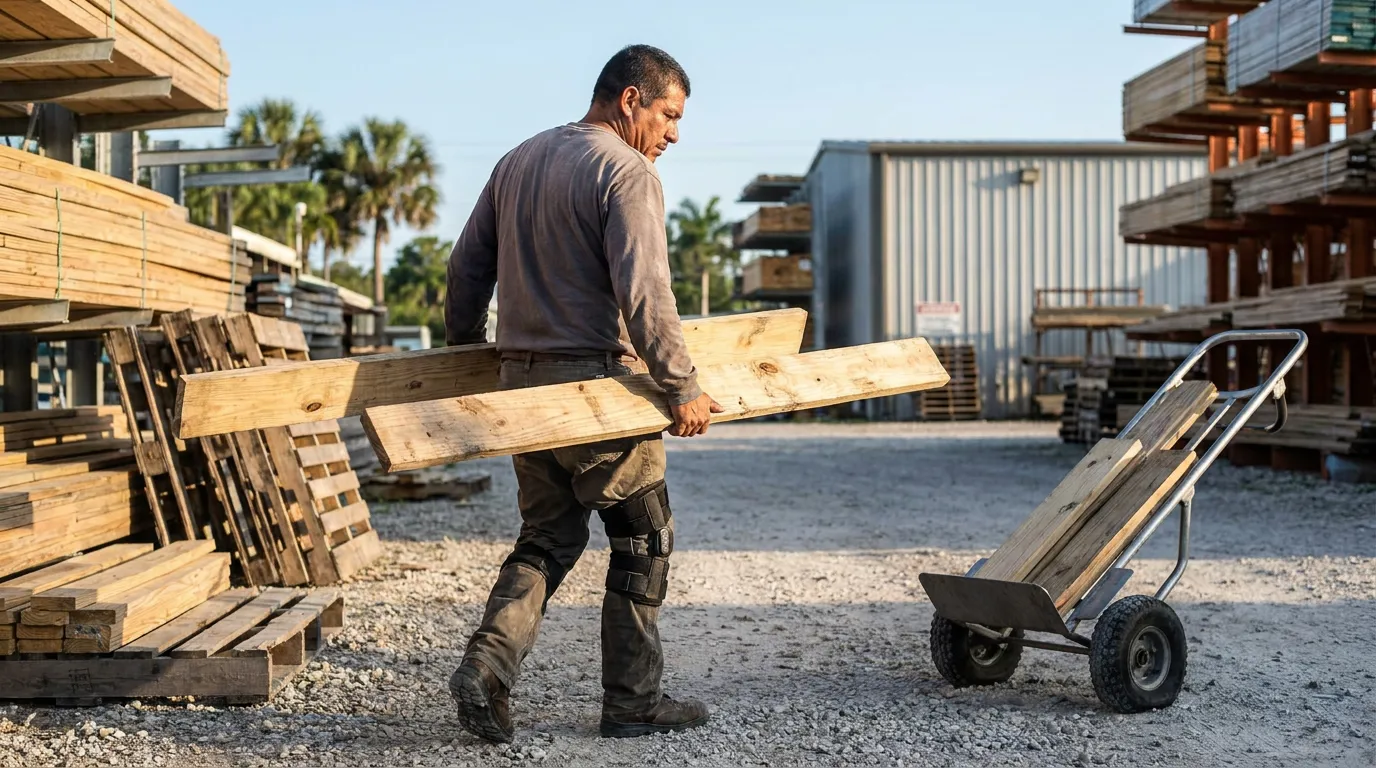 worker wearing knee brace carries lumber boards toward hand truck in yard