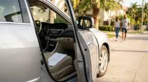open car door with document on seat and two people approaching vehicle